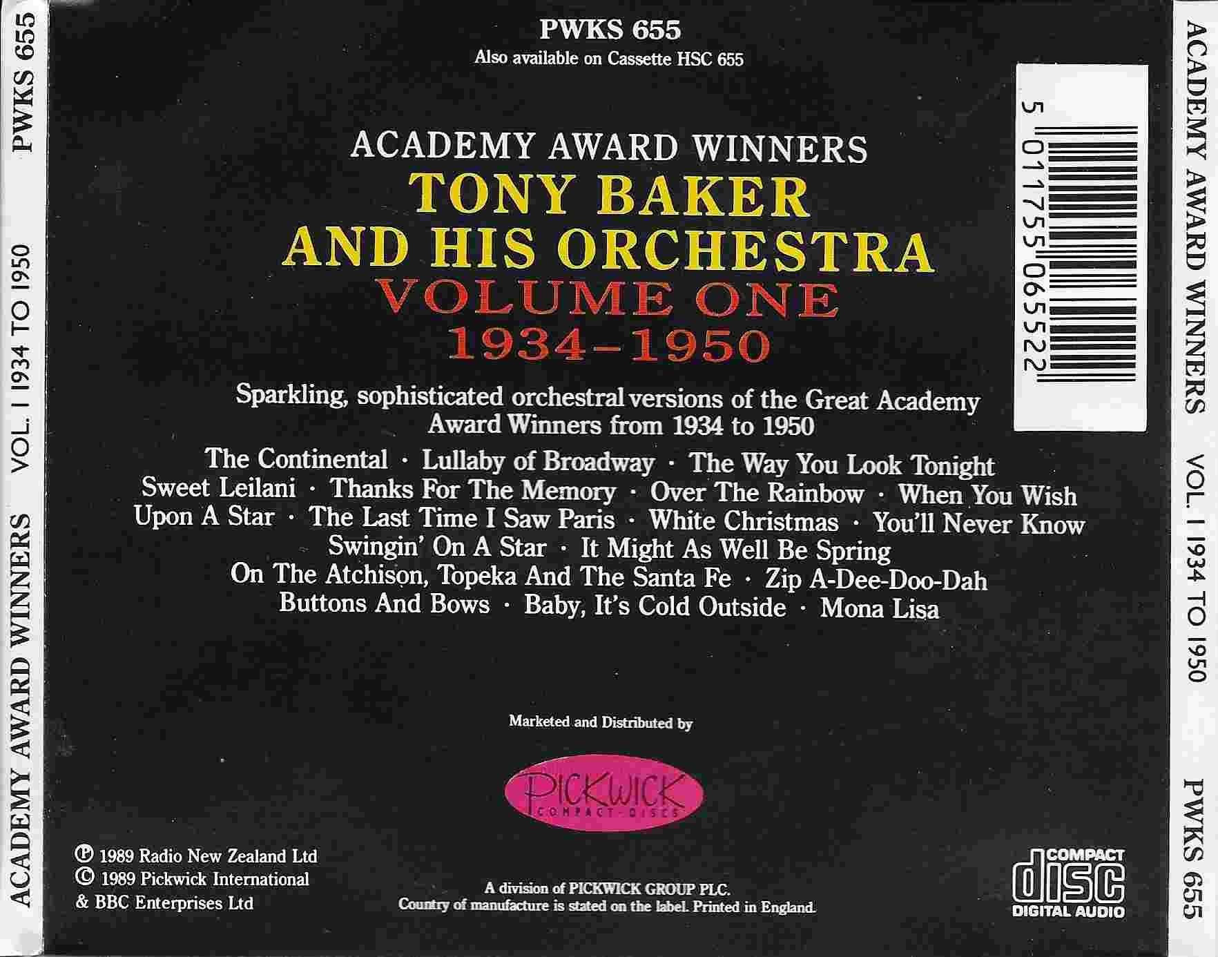 Picture of PWKS 655 Academy award winners, volume one 1934 - 1950 by artist Tony Baker and his orchestra from the BBC records and Tapes library